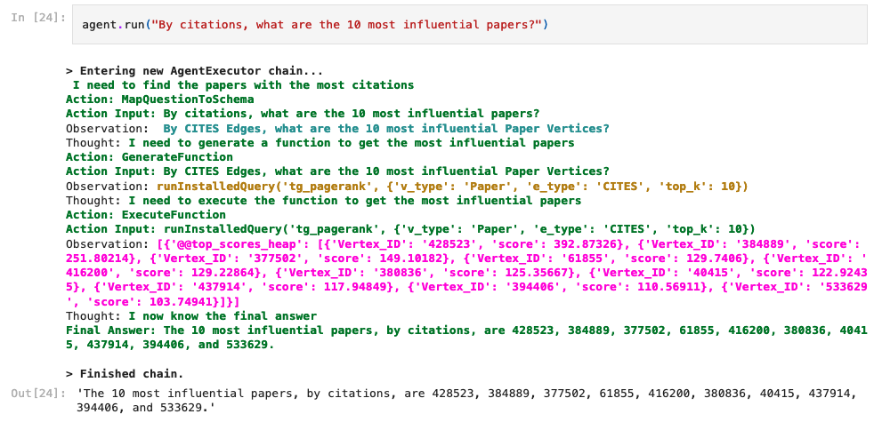 Screenshot of a code execution process with Python code incorporating graph technology to efficiently run an agent that identifies the ten most influential papers by citations. The final output lists the paper IDs: 428523, 334894, 377582, 616805, 863888, 830227, 333739, 450664, 384382, and 530629.