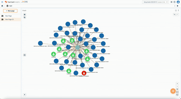 A data visualization resembles a graph database, with a central hub connected to multiple nodes. The nodes—a network of blue, green, and one red circle—are arranged radially around the hub like a sophisticated network diagram.