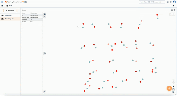 Screenshot of a data visualization tool showing a graph with scattered blue and red dots, reminiscent of a graph database. The left panel offers options for managing pages, while small icons for navigation are nestled in the bottom right.