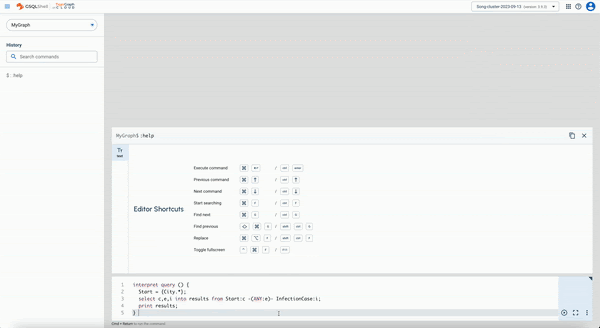 A computer screen displays a coding interface with various menu options. In the foreground, a code editor shows a small SQL script being executed, seamlessly interacting with a graph database. Commands like interrupt query and start are visible as data relationships unfold.