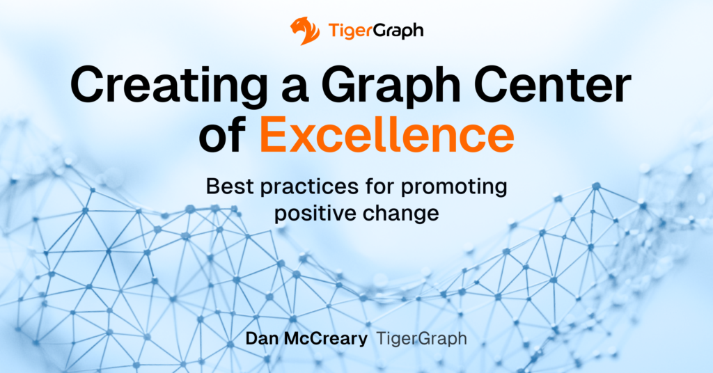 Promotional graphic featuring the TigerGraph logo. Text reads: Creating a Graph Center of Excellence and Graph technology best practices for promoting positive change. At the bottom, it says Dan McCreary TigerGraph. Abstract geometric design in the background.