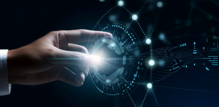 A hand reaching towards a glowing digital interface with a network of connected nodes and lines, resembling a futuristic touchscreen. The background is dark, highlighting the vibrant blue and white elements of the holographic display.