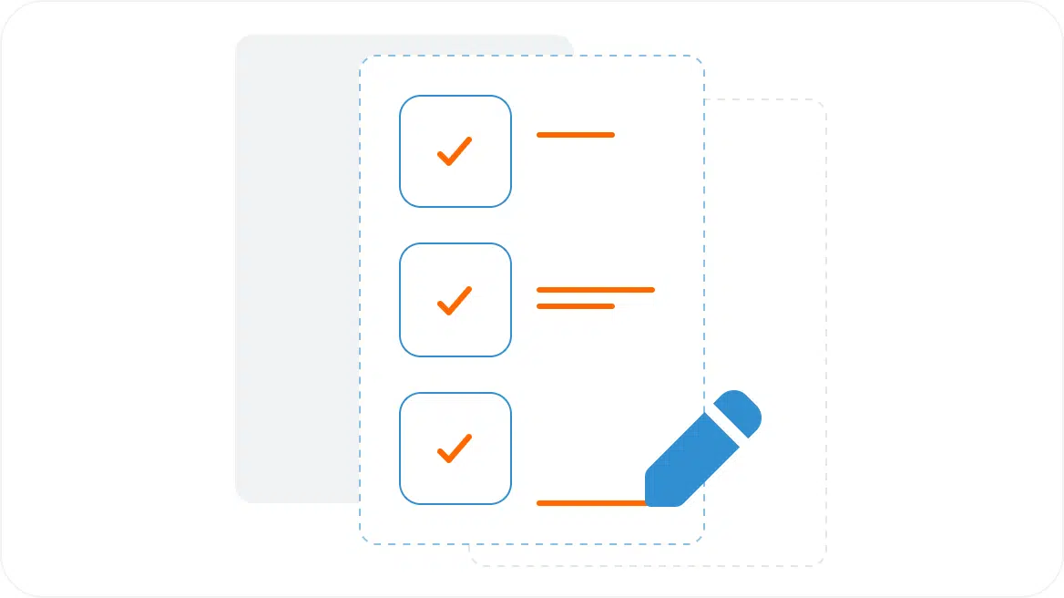 A minimalist illustration of a checklist. Three boxes, each with an orange checkmark, are aligned vertically. Lines beside each box indicate text. A blue pencil appears at the bottom as if writing on the list.