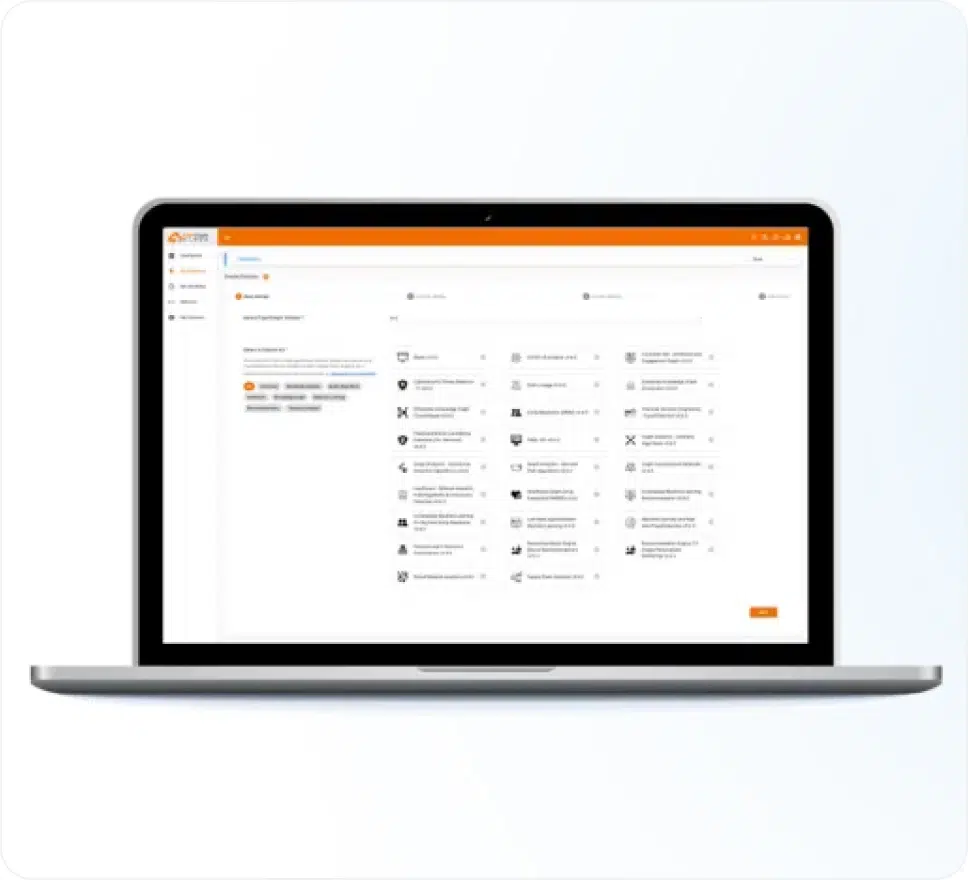 A laptop displaying a software interface with an orange and white theme. The screen shows various icons and text in a grid format, indicating a dashboard or control panel layout. The laptop is on a plain white background.